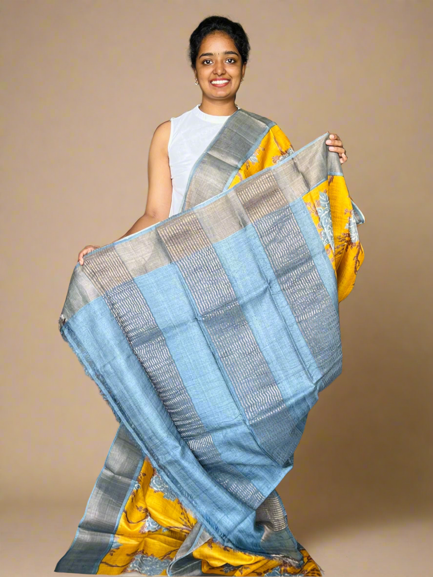 Lime Green and Grey Tussar Silk Saree with Prints