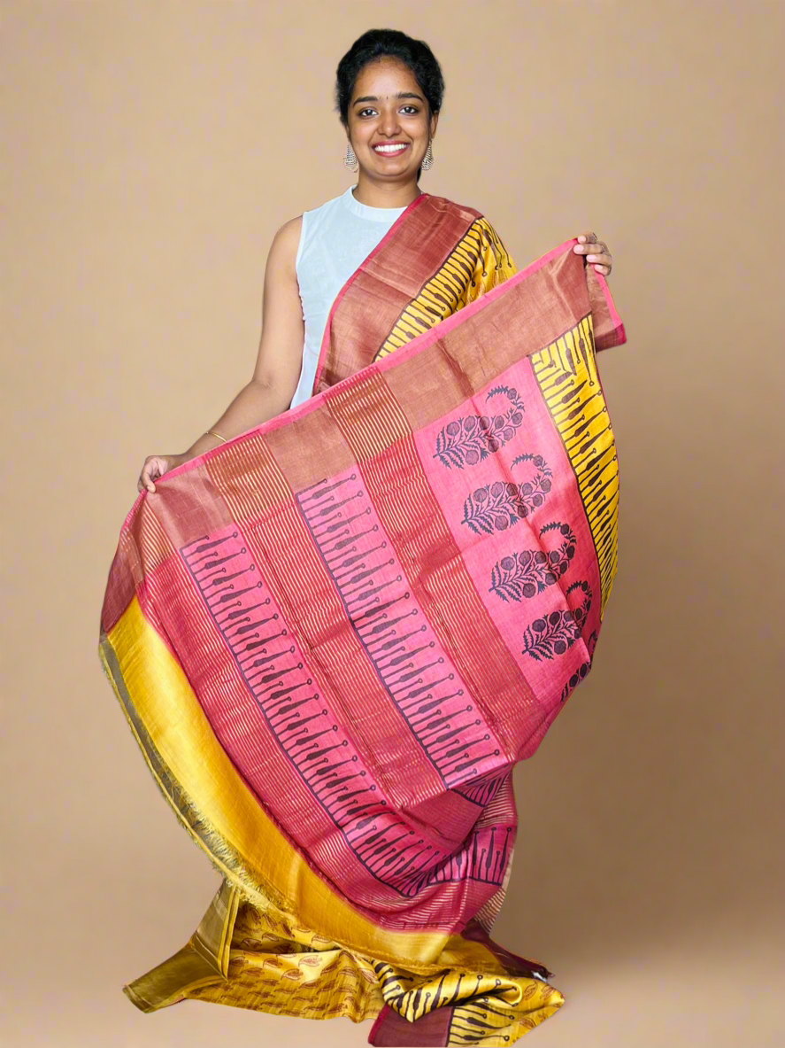 Yellow and Red Tussar Silk Saree with Prints