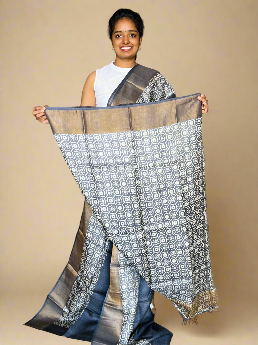 Black Tussar Silk Saree with Prints