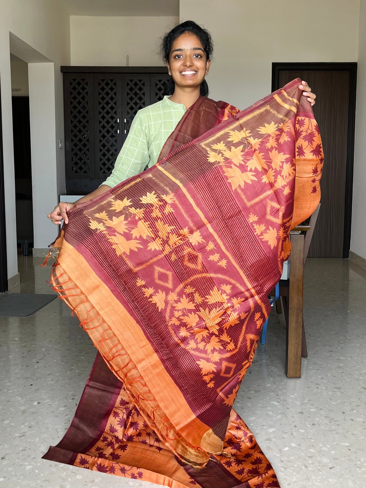 Orange and Maroon Tussar Silk Saree with Prints
