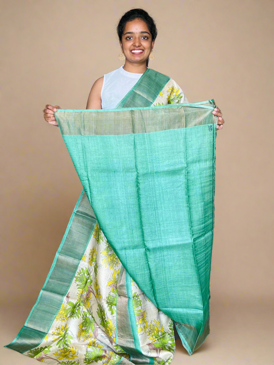 Cream and Green Tussar Silk Saree with Prints