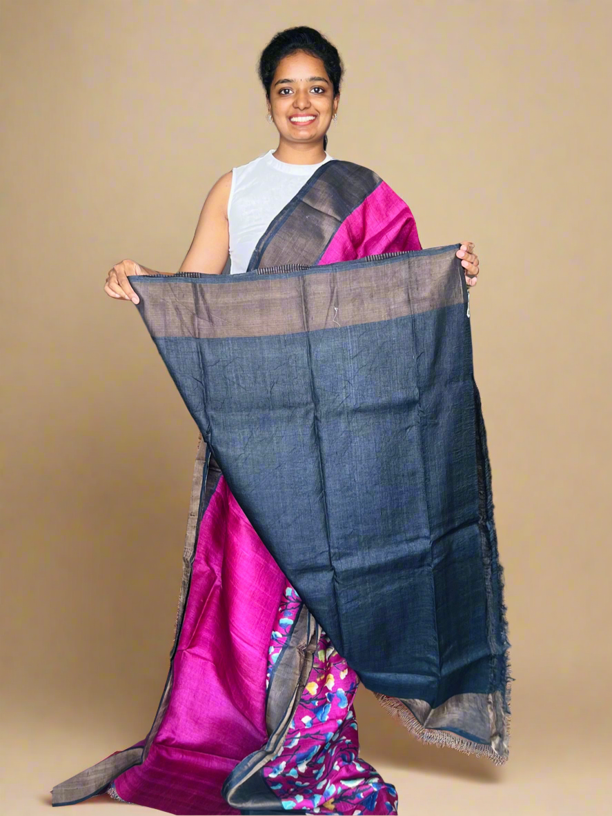 Magenta and Black Tussar Silk Saree with Prints