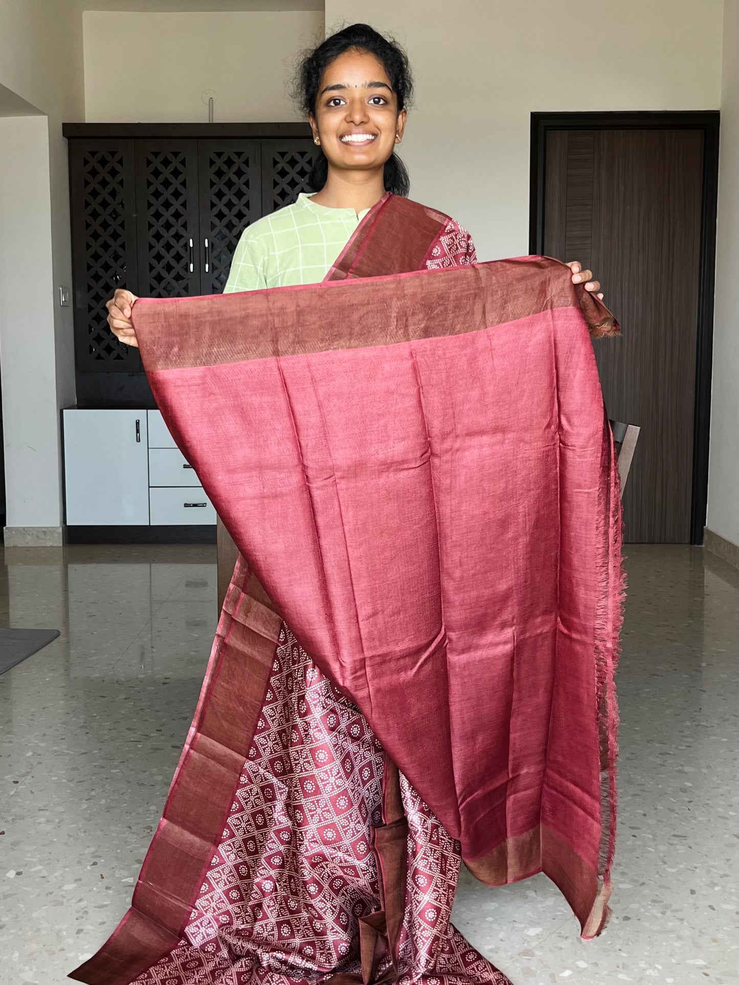 Brick Maroon Tussar Silk Saree with Prints