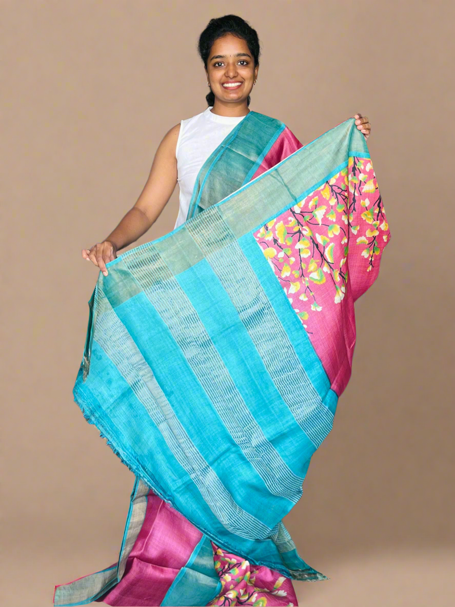Pink and Blue Tussar Silk Saree with Prints