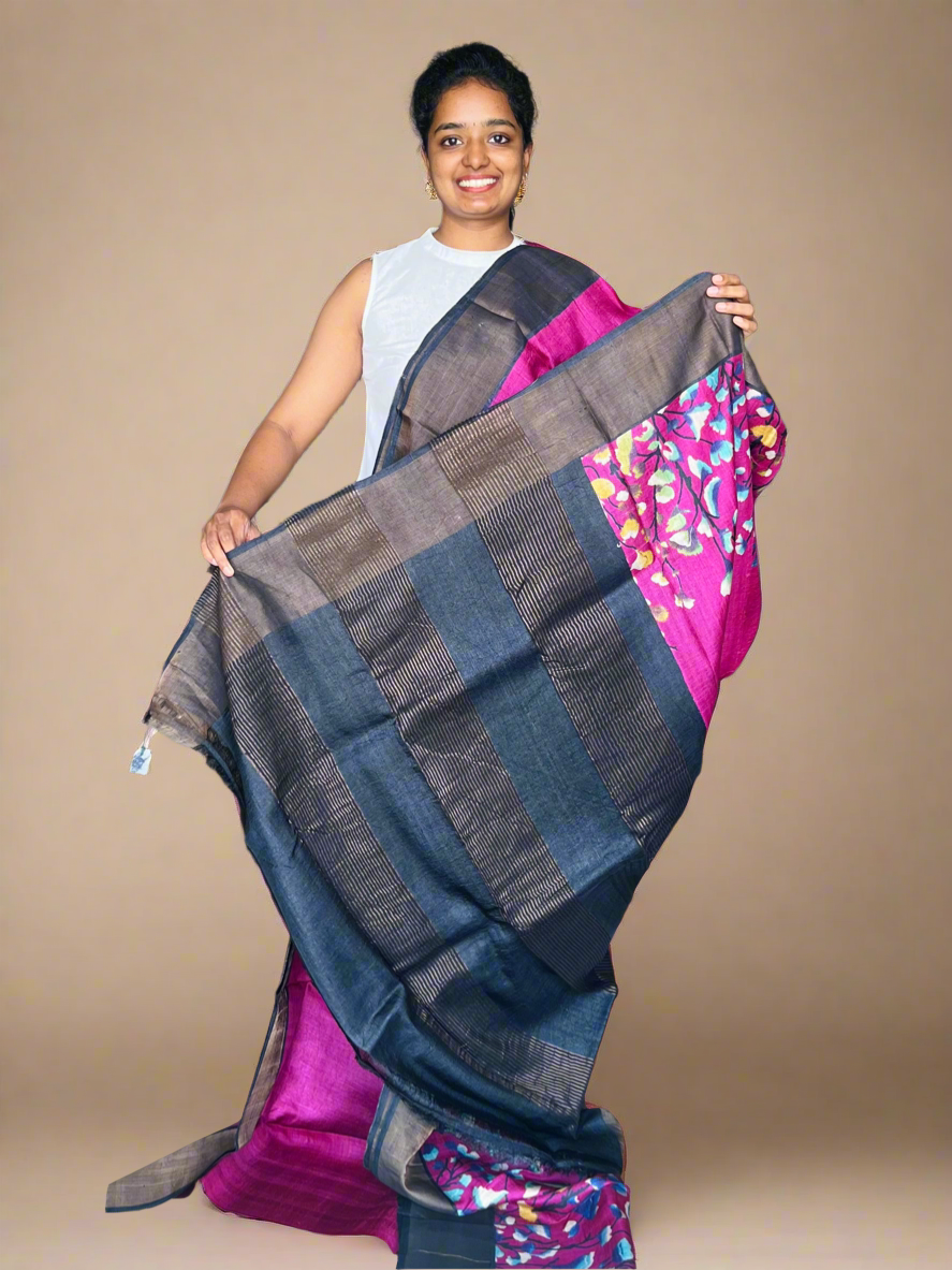 Magenta and Black Tussar Silk Saree with Prints