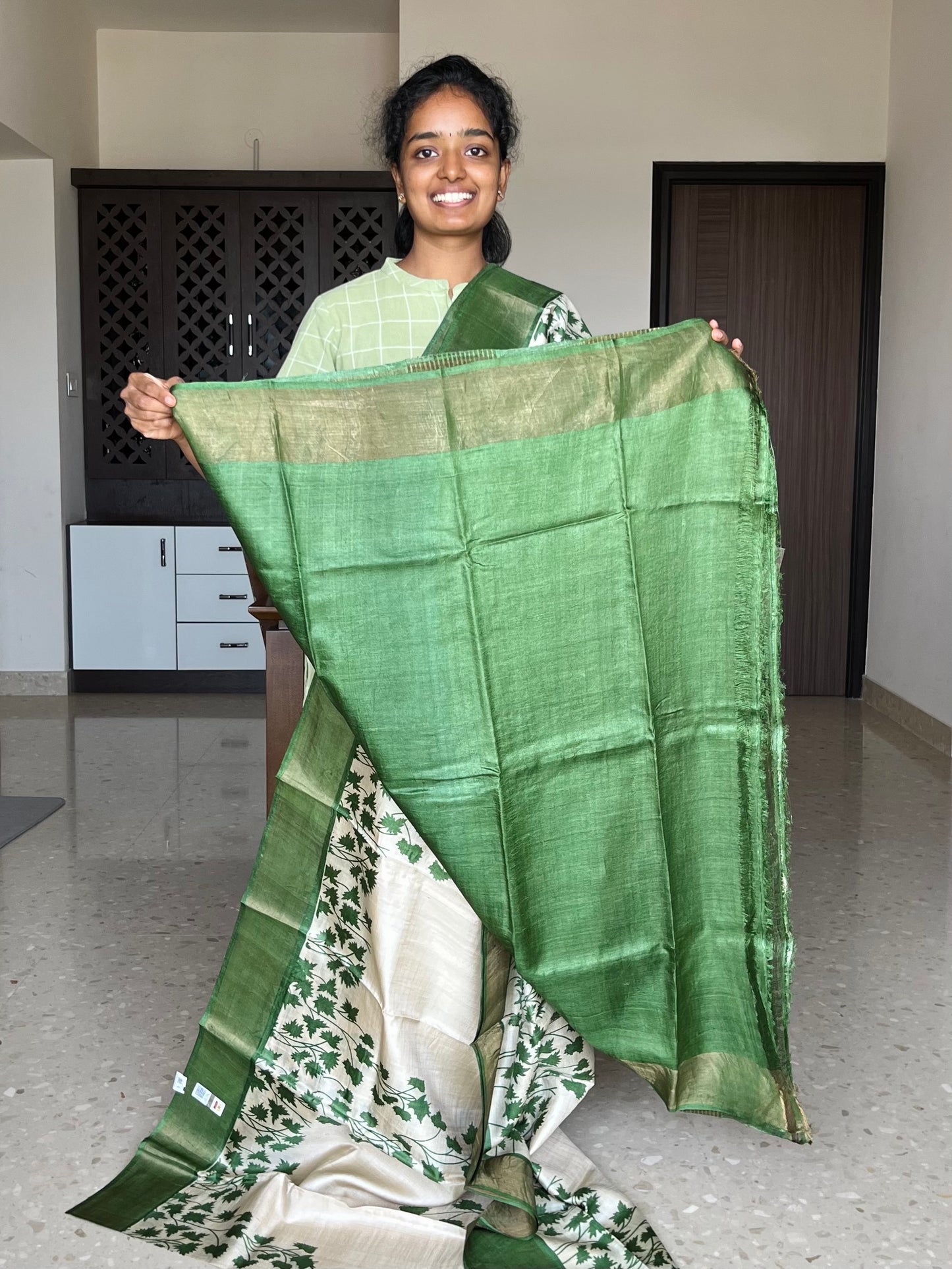 Cream and Green Tussar Silk Saree with Prints
