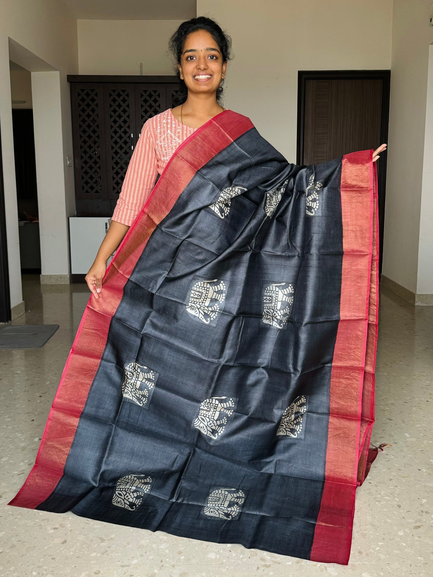 Black and Red Tussar Silk Saree with Prints