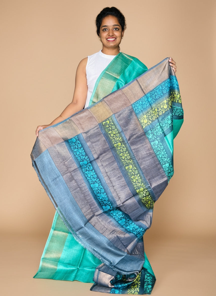 Green Tussar Silk Saree with Prints