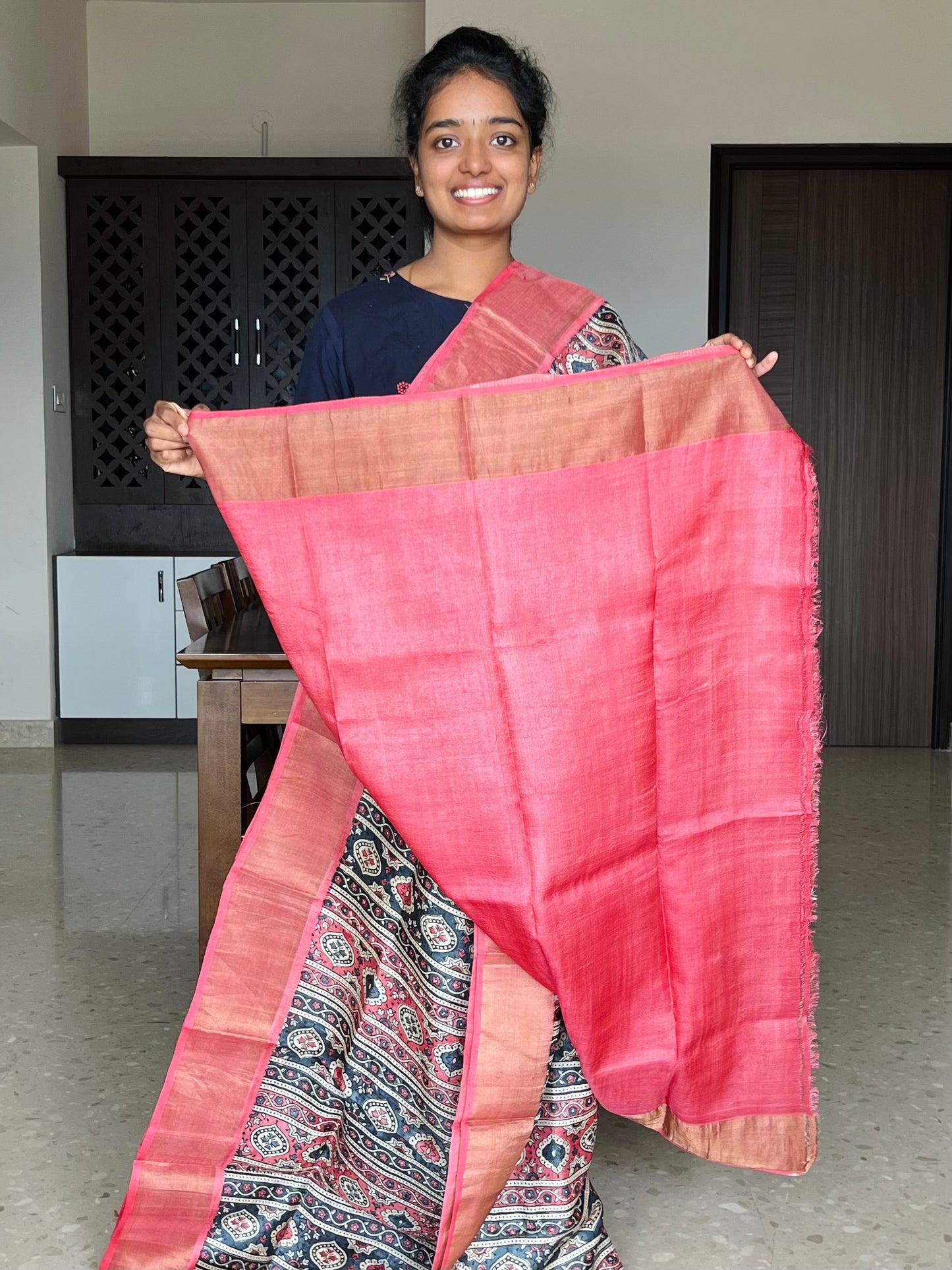 Grey and Red Tussar Silk Saree with Prints