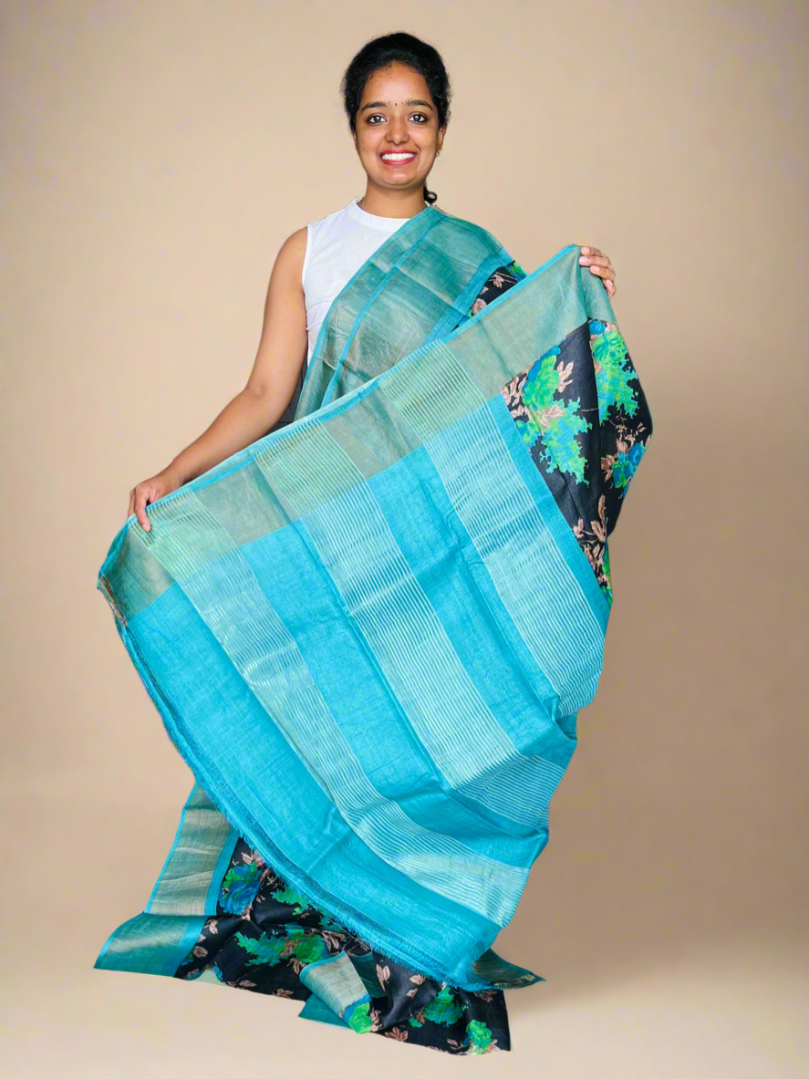 Black and Blue Tussar Silk Saree with Prints