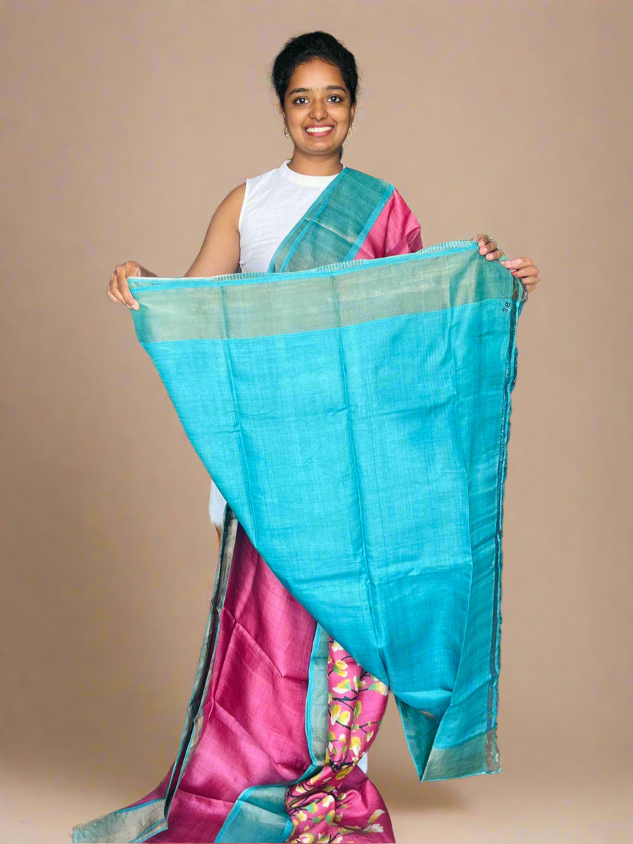 Pink and Blue Tussar Silk Saree with Prints
