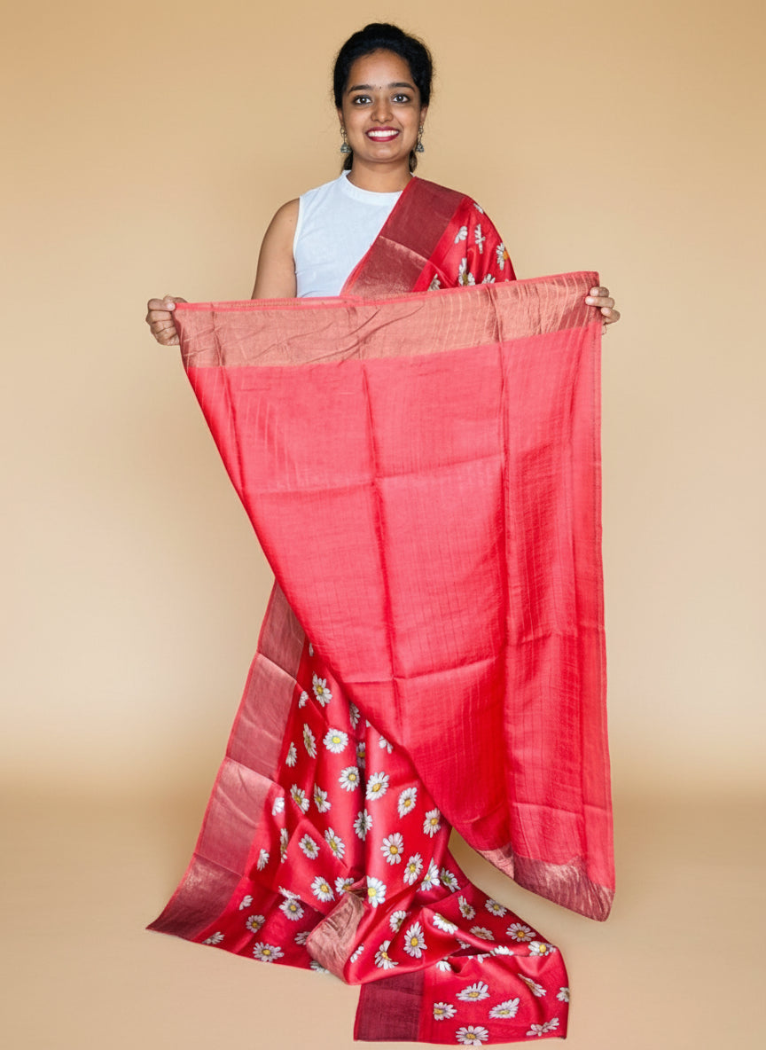 Red Tussar Silk Saree with Prints