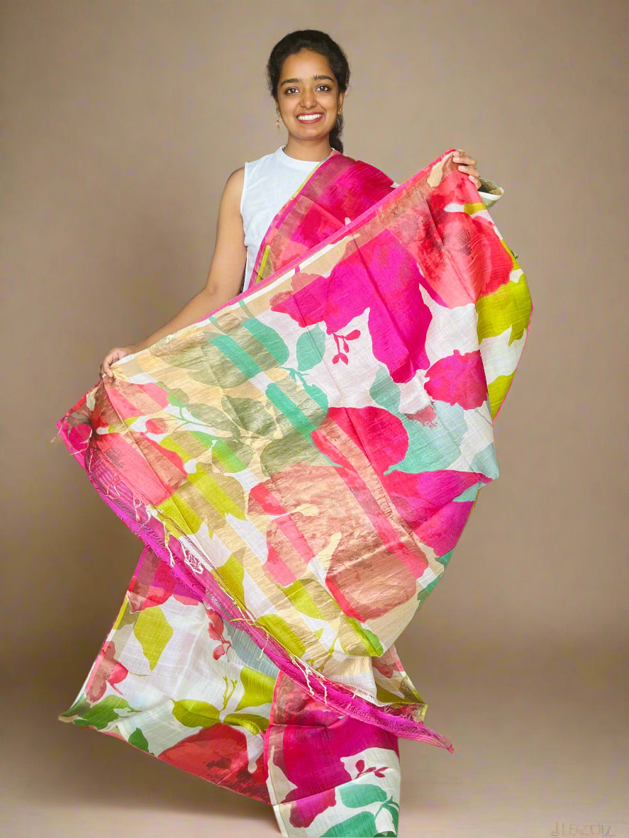 Cream and Pink Tussar Silk Saree with Prints