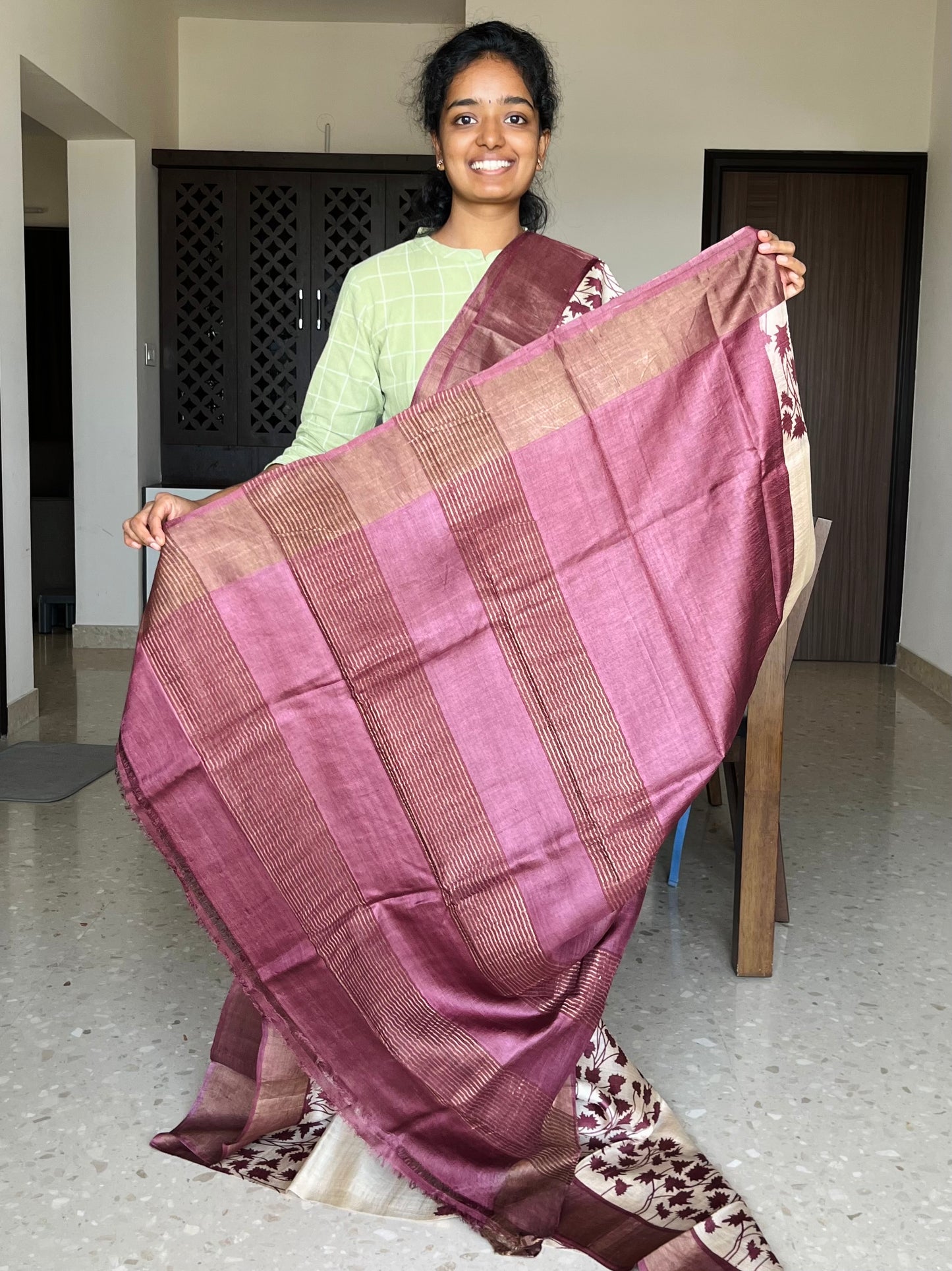 Cream and Maroon Tussar Silk Saree with Prints