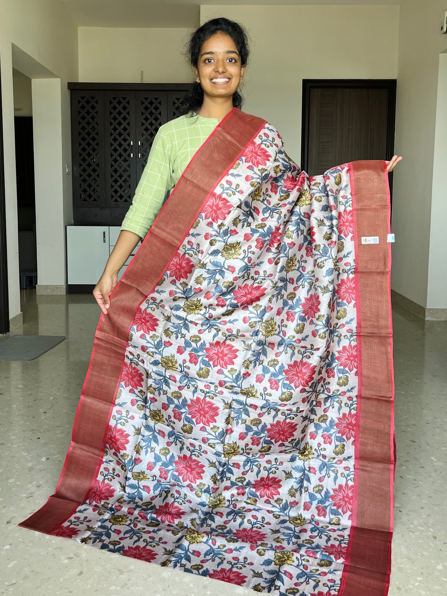 Off White and Peach Tussar Silk Saree with Floral Prints