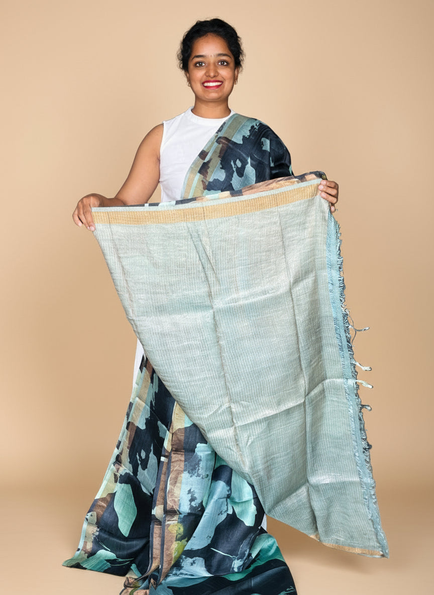 Black and Blue Tussar Silk Saree with Prints