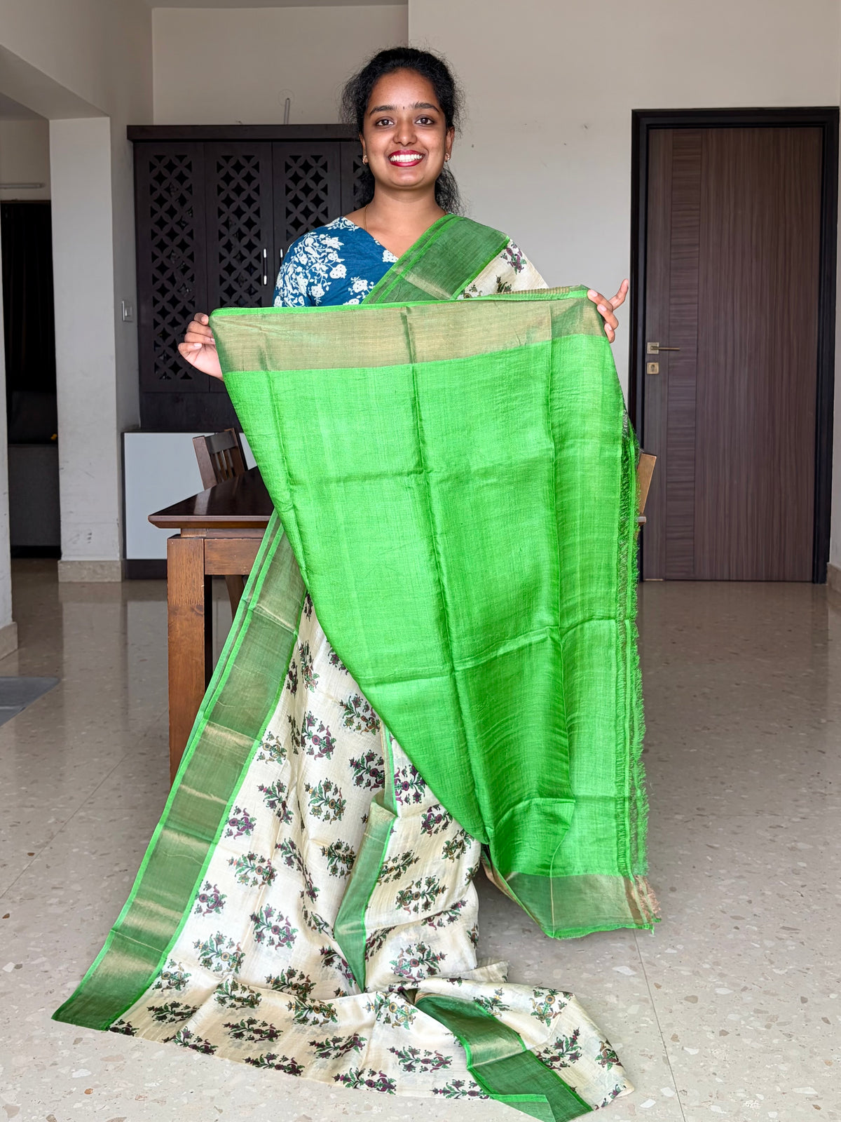 Cream and Green Tussar Silk Saree with Prints