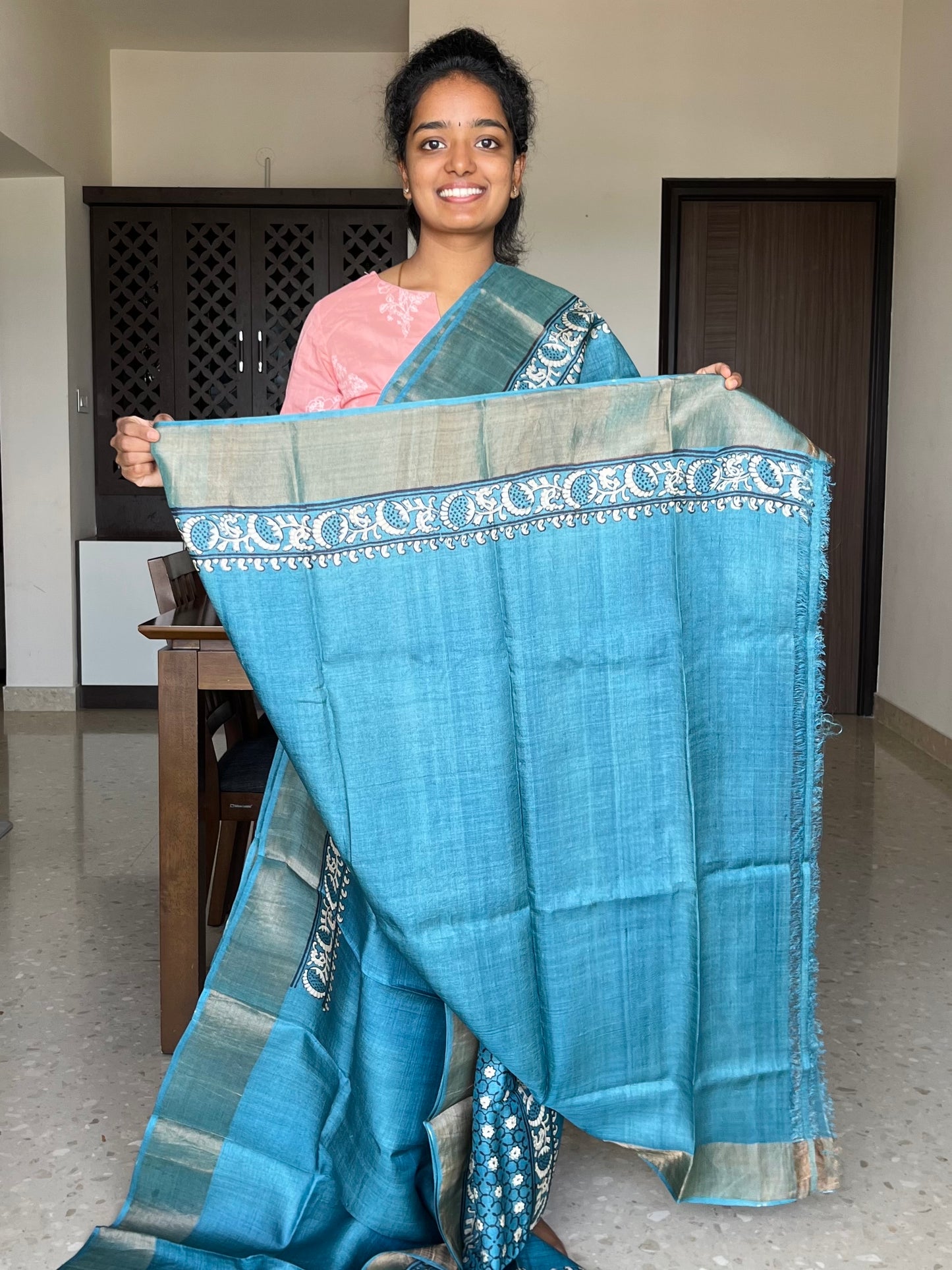 Powder Blue Tussar Silk Saree with Prints