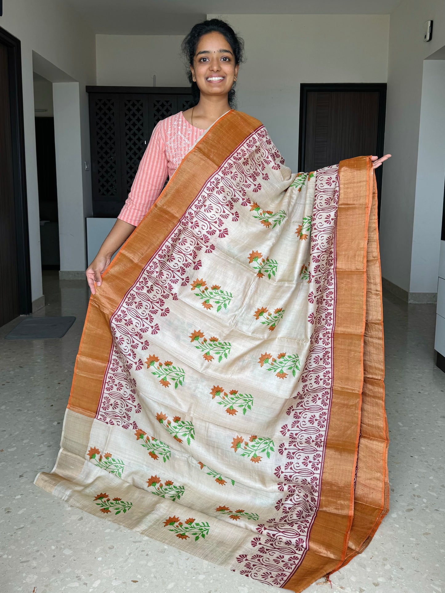 Cream and Orange Tussar Silk Saree with Prints