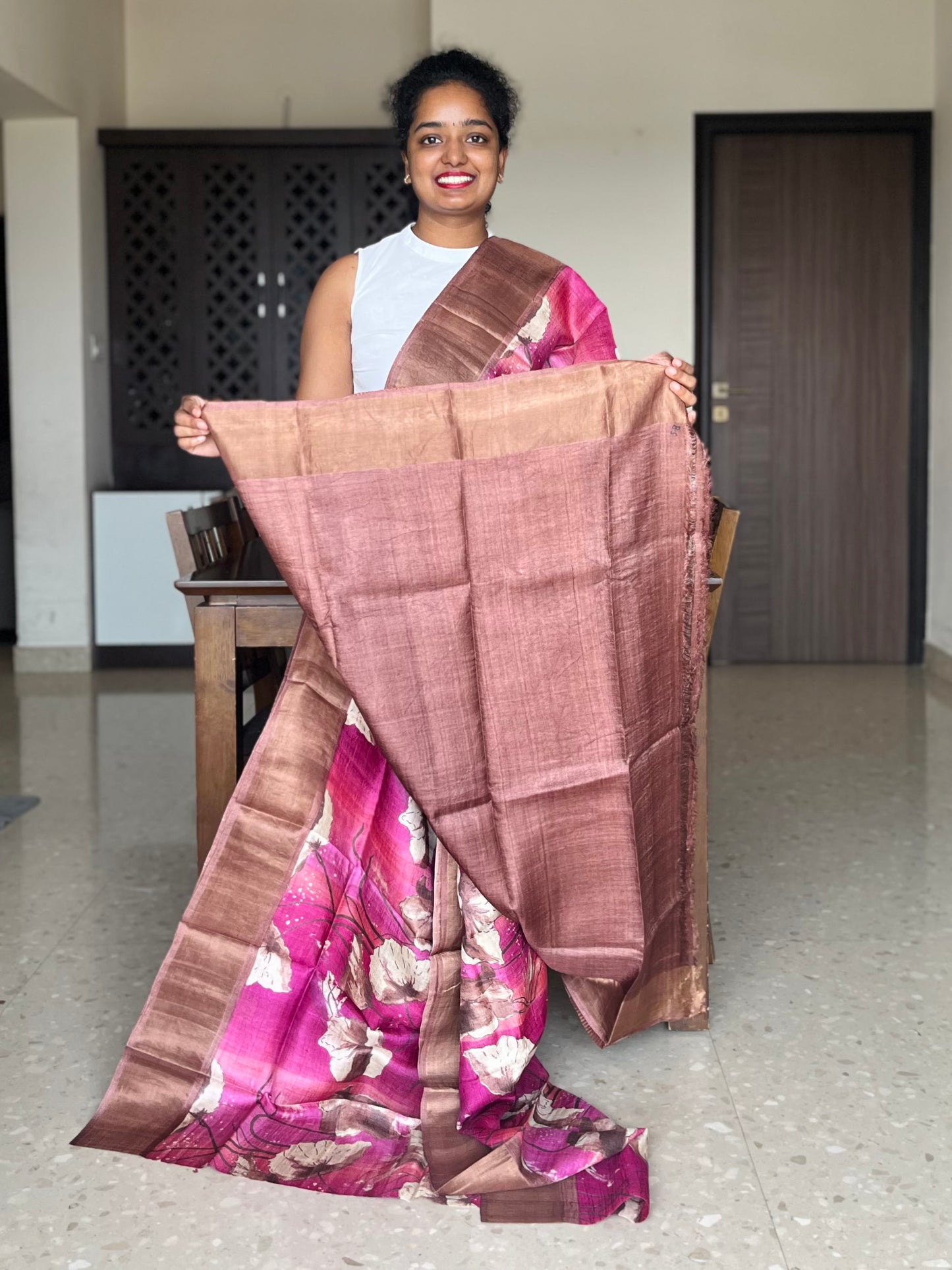 Pink and Brown Tussar Silk Saree with Prints