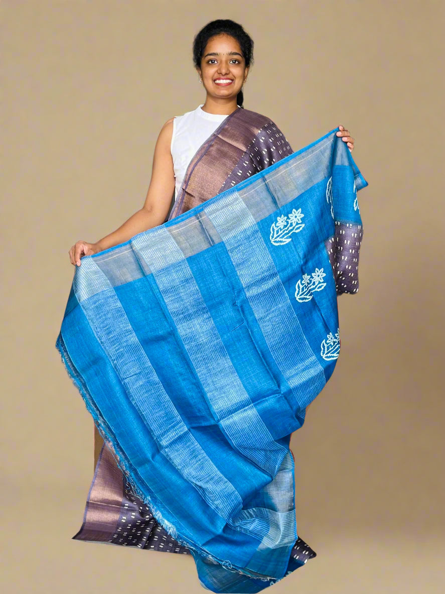 Plum and Blue Tussar Silk Saree with Print