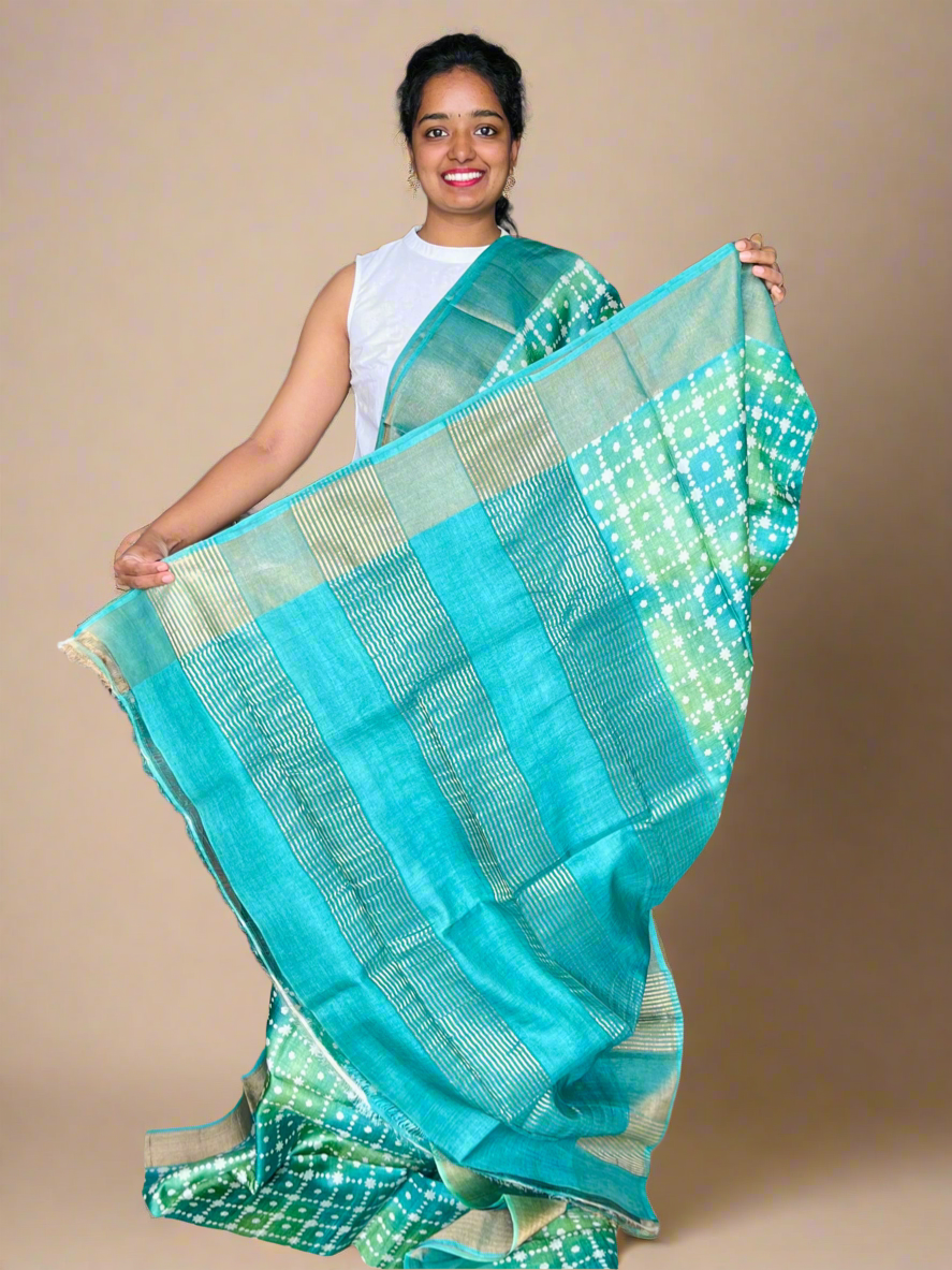 Green Tussar Silk Saree with Prints