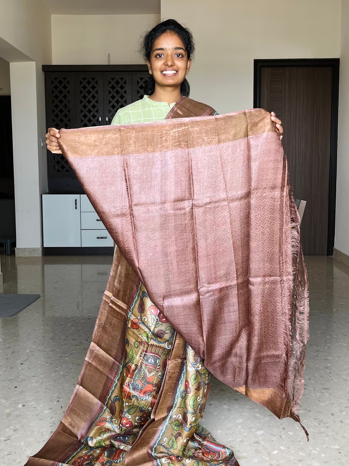 Olive Green and Brown Tussar Silk Saree with Prints