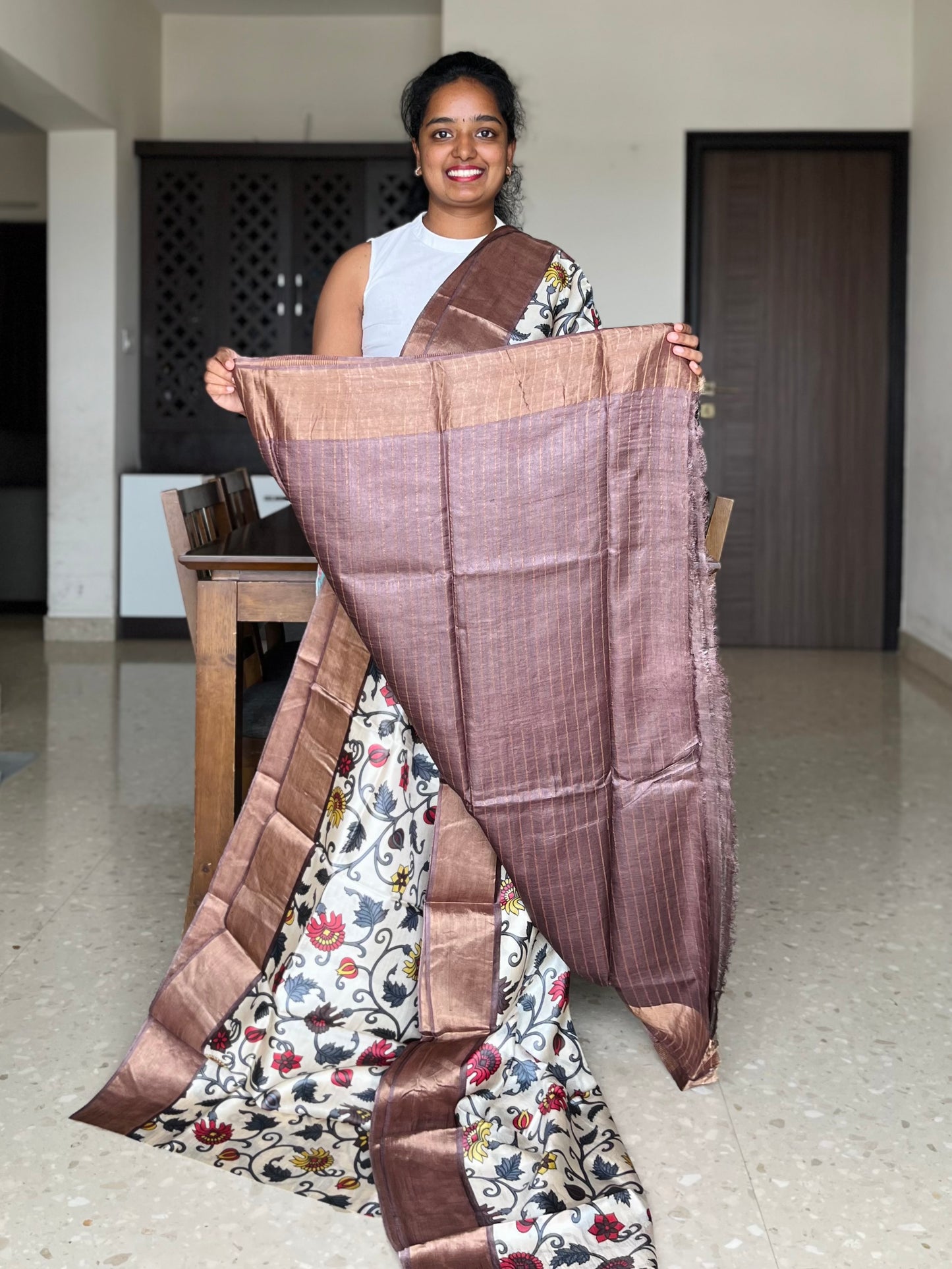 Cream and Brown Tussar Silk Saree with Prints