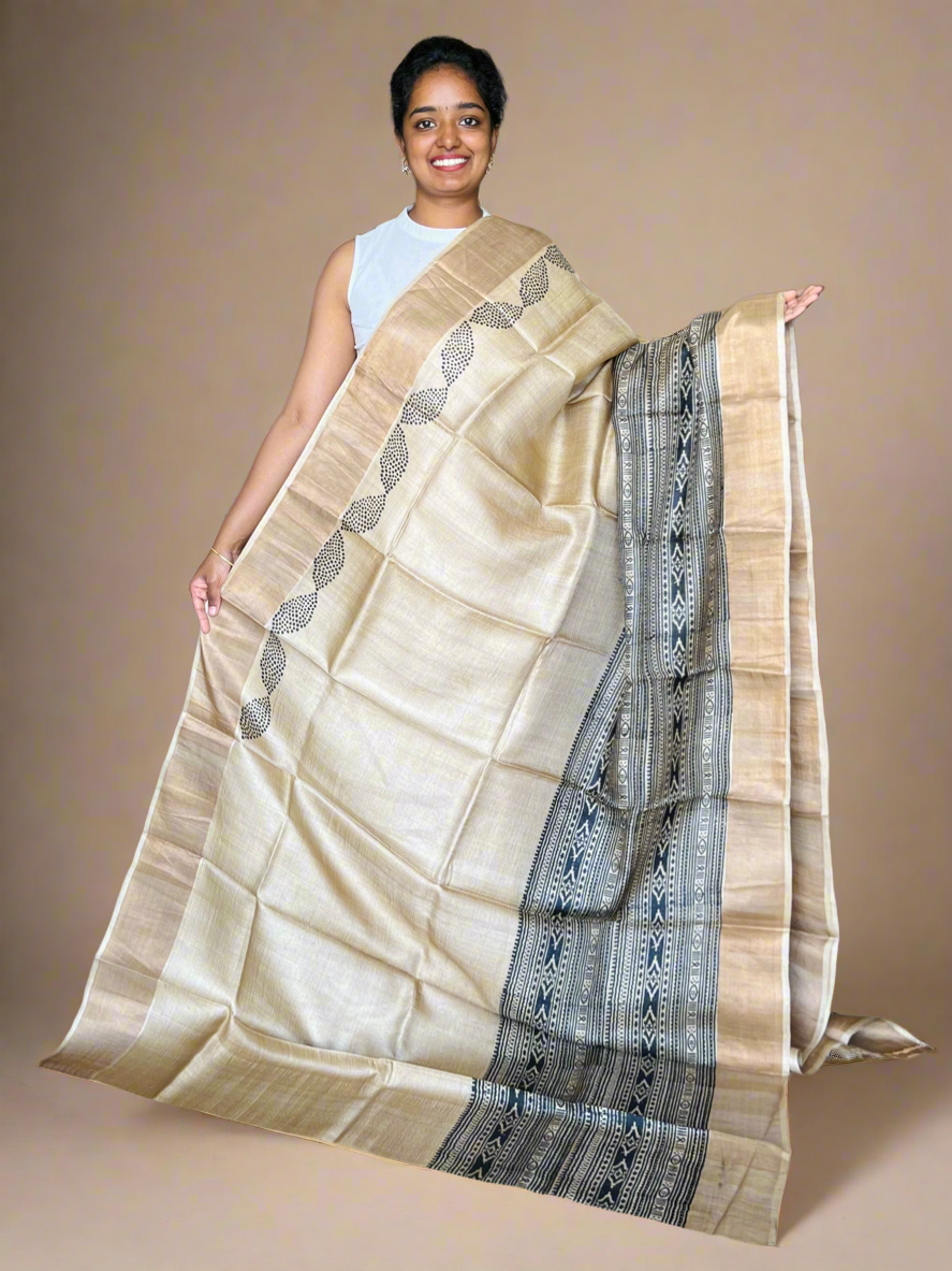 Golden Tussar Silk Saree with Prints