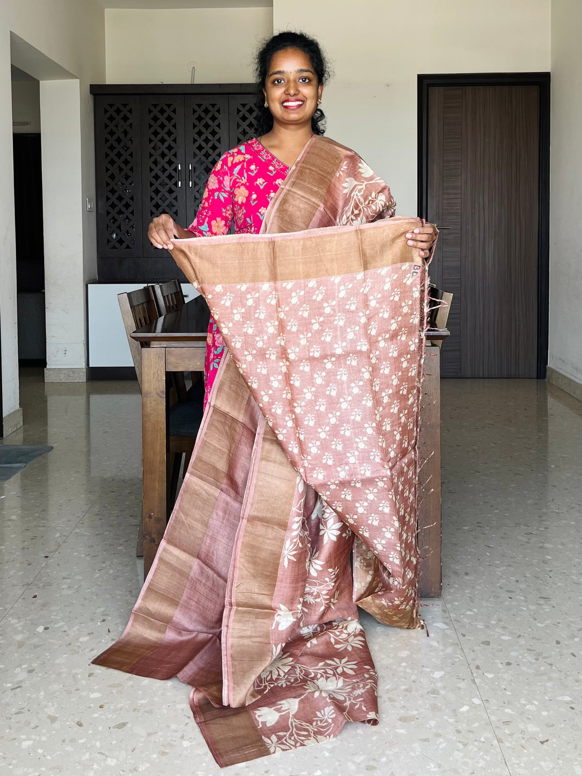 Peach Tussar Silk Saree with Prints