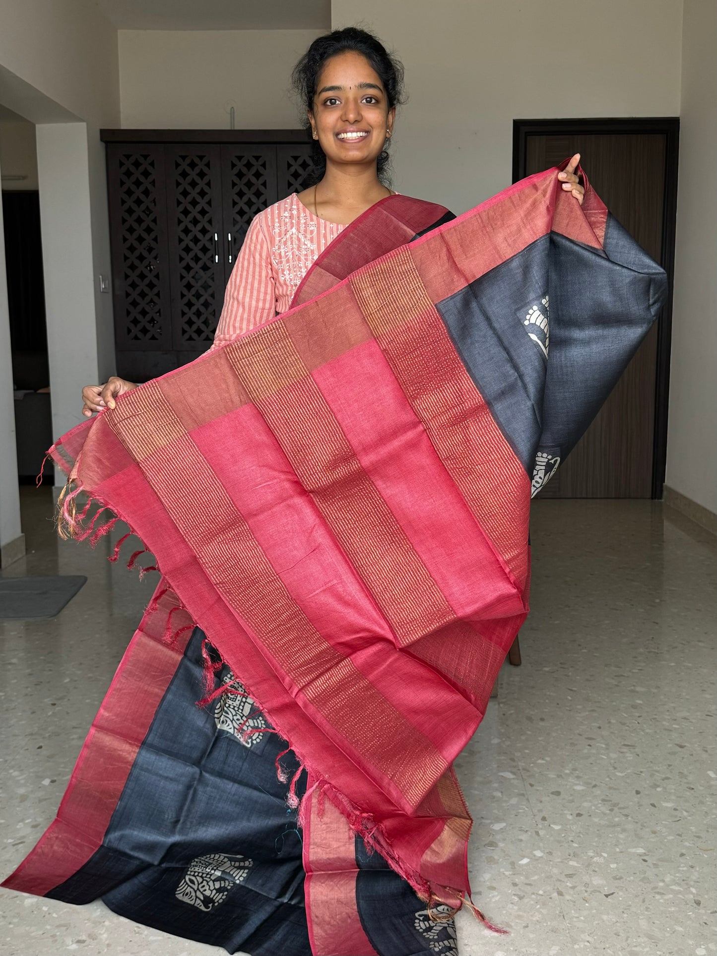 Black and Red Tussar Silk Saree with Prints