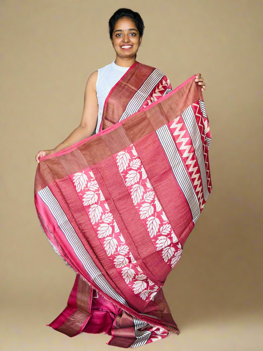 Maroon Tussar Silk Saree with Prints
