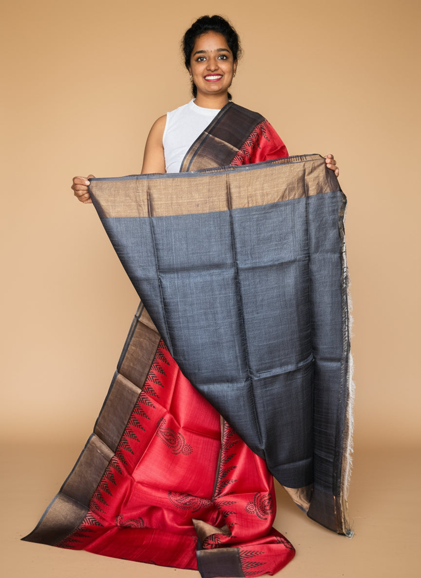 Red and Black Tussar Silk Saree with Prints