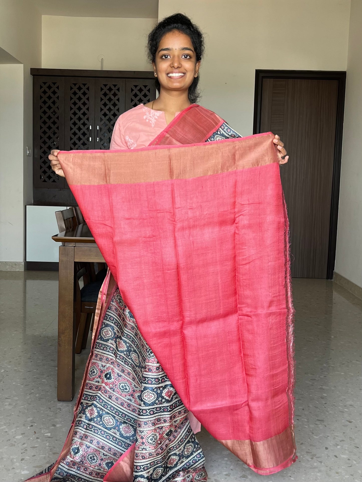 Grey and Peach Tussar Silk Saree with Prints