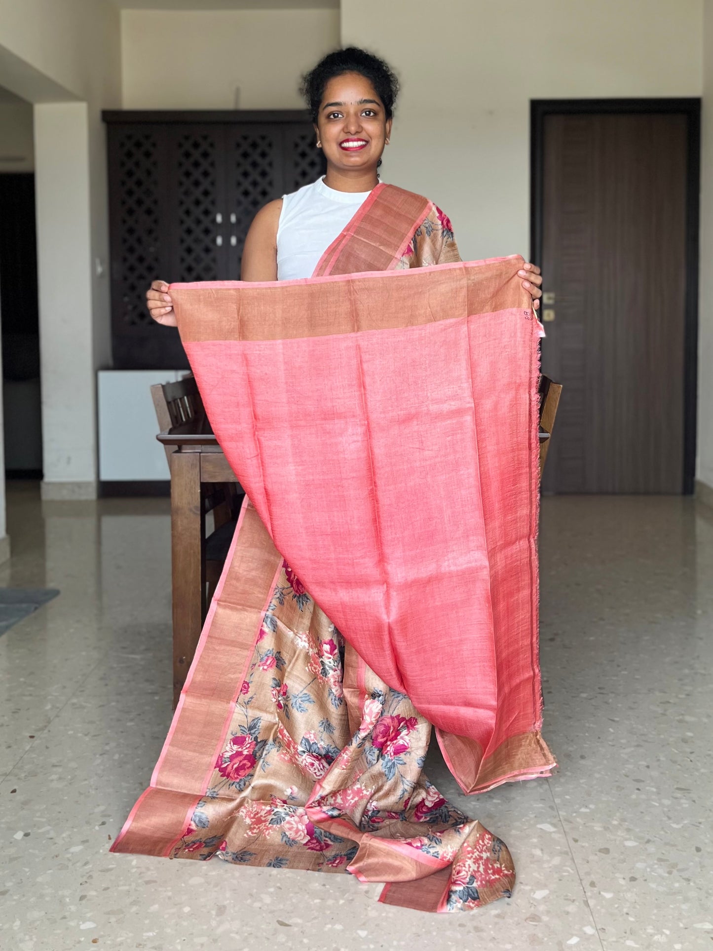 Peach Tussar Silk Saree with Prints