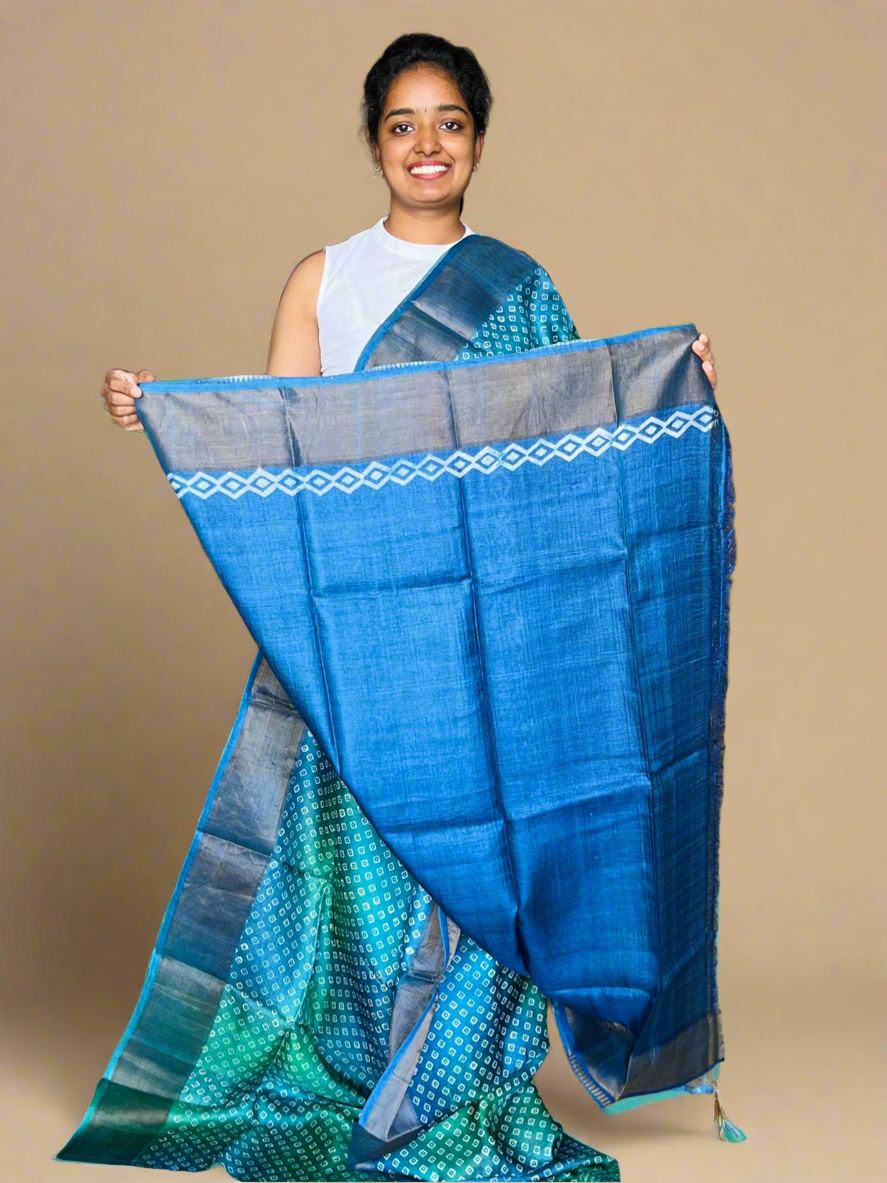 Green and Blue Tussar Silk Saree with Prints