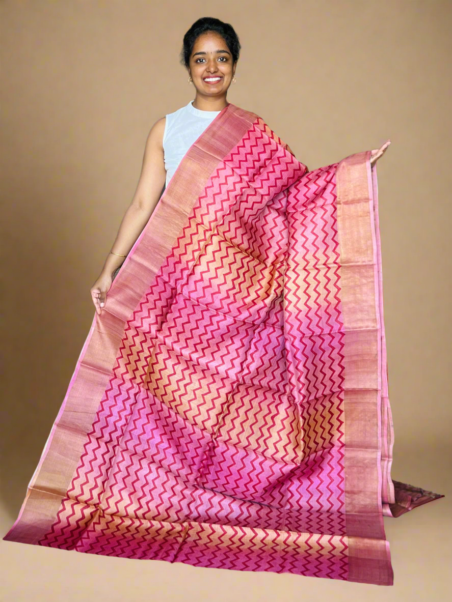 Pink and Mustard Tussar Silk Saree with Prints