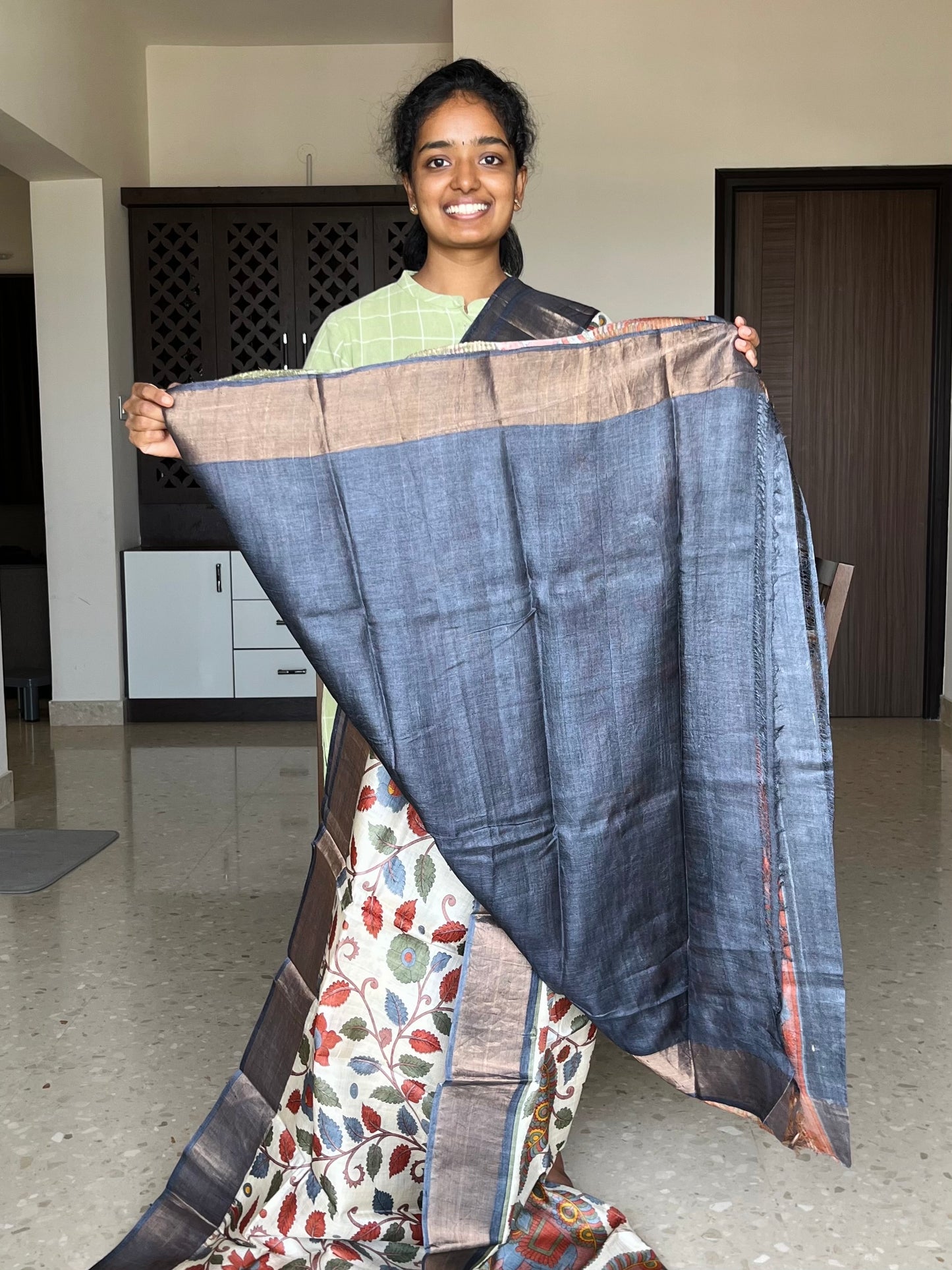 Cream and Grey Tussar Silk Saree with Kalamkaari Prints