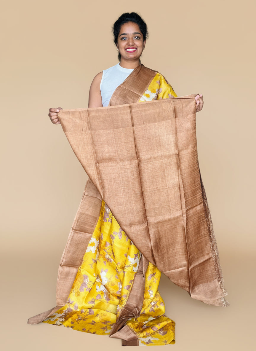 Yellow and Gold Tussar Silk Saree with Prints