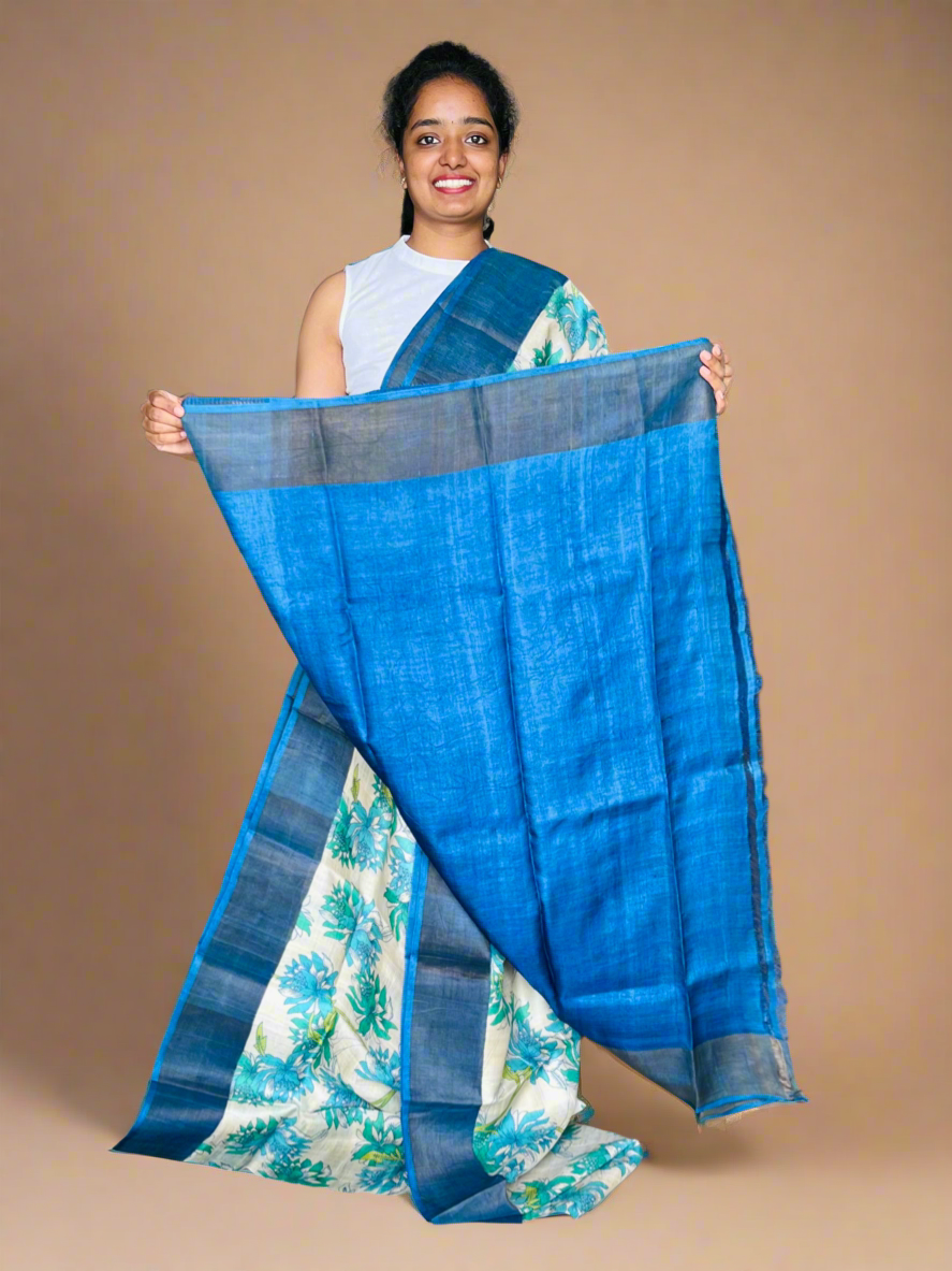 Cream and Blue Tussar Silk Saree with Prints