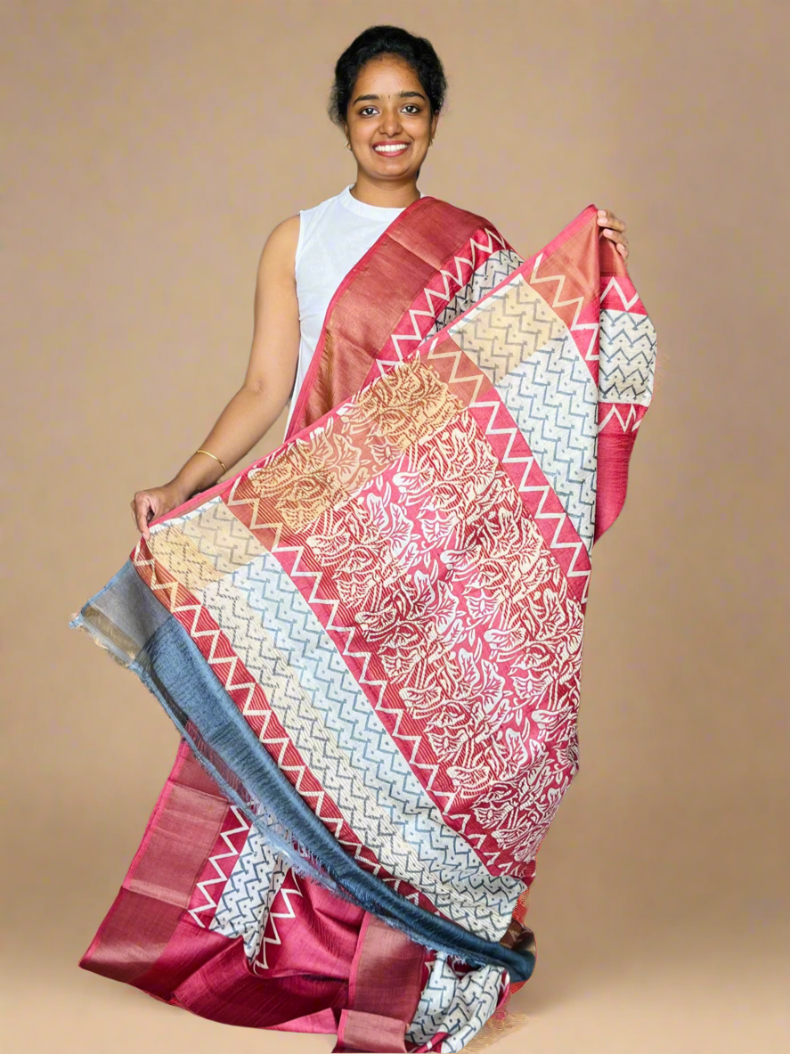 Maroon Tussar Silk Saree with Prints