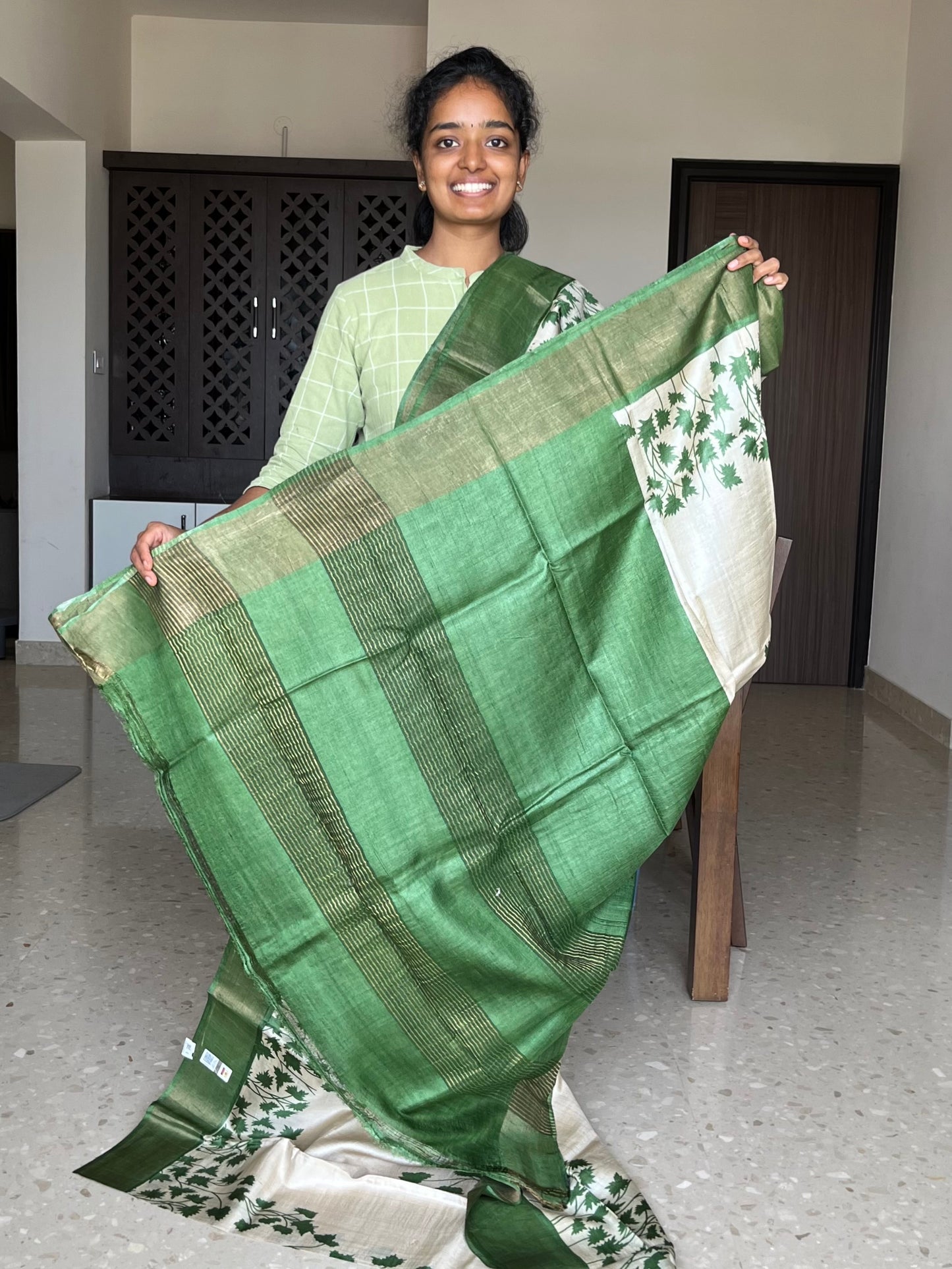 Cream and Green Tussar Silk Saree with Prints