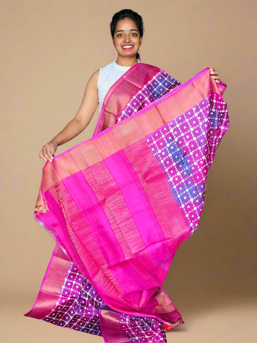 Pink and Violet Tussar Silk Saree with Prints