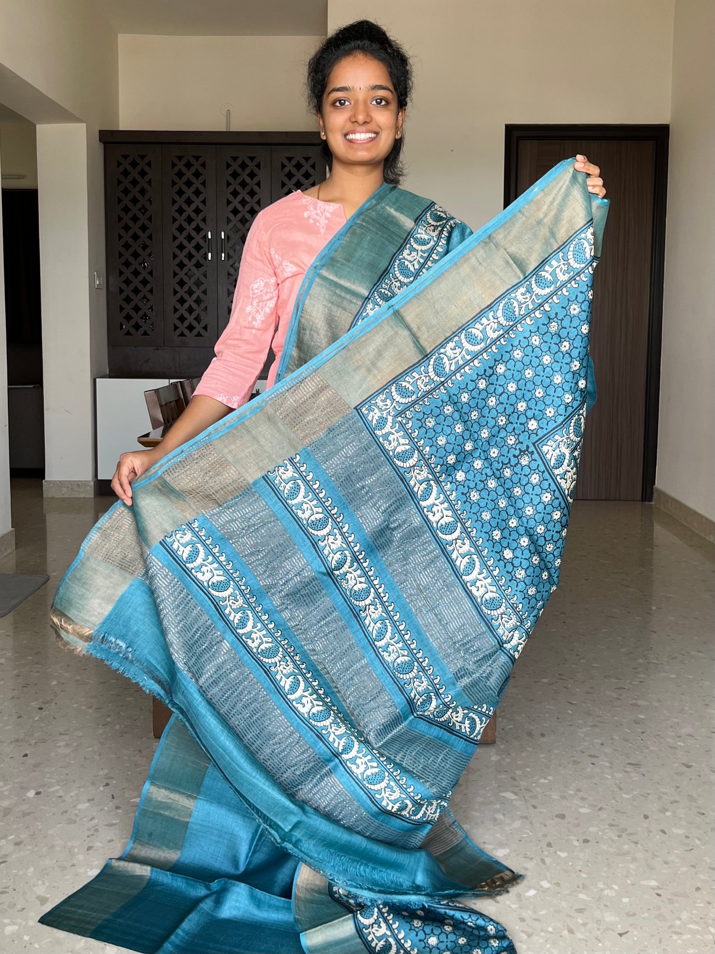 Powder Blue Tussar Silk Saree with Prints