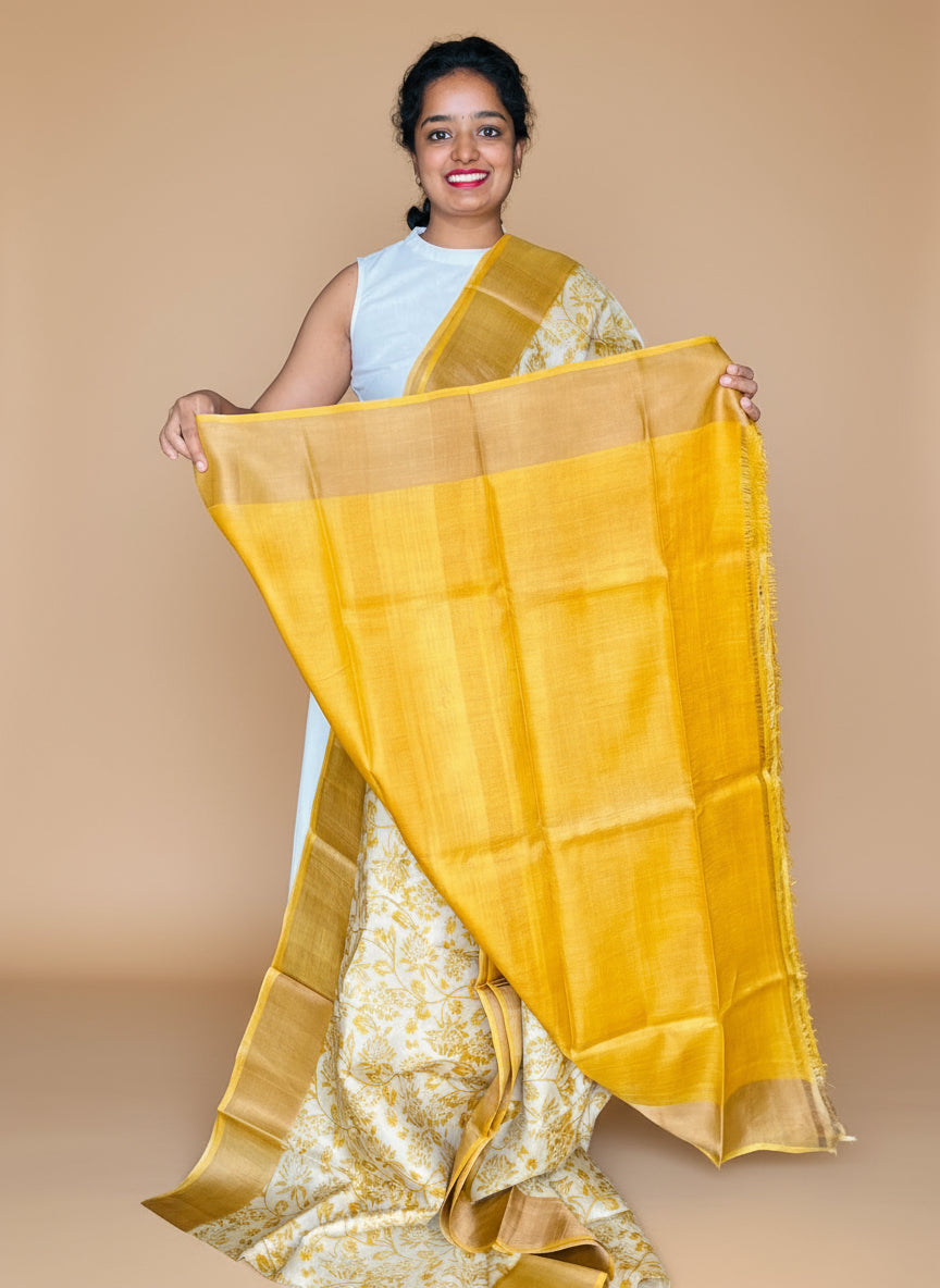 Yellow Tussar Silk Saree with Prints