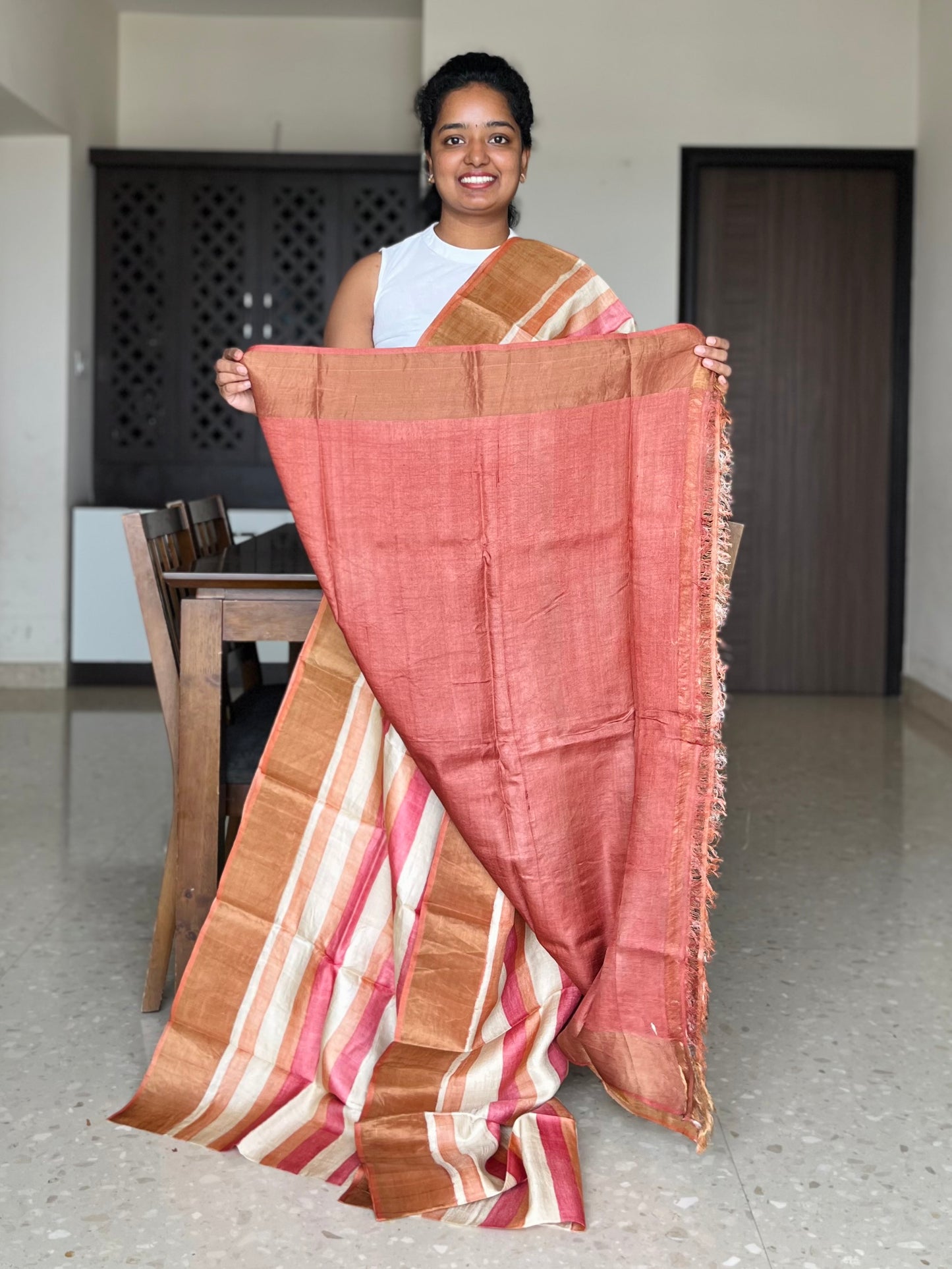 Cream and Orange Tussar Silk Saree with Prints
