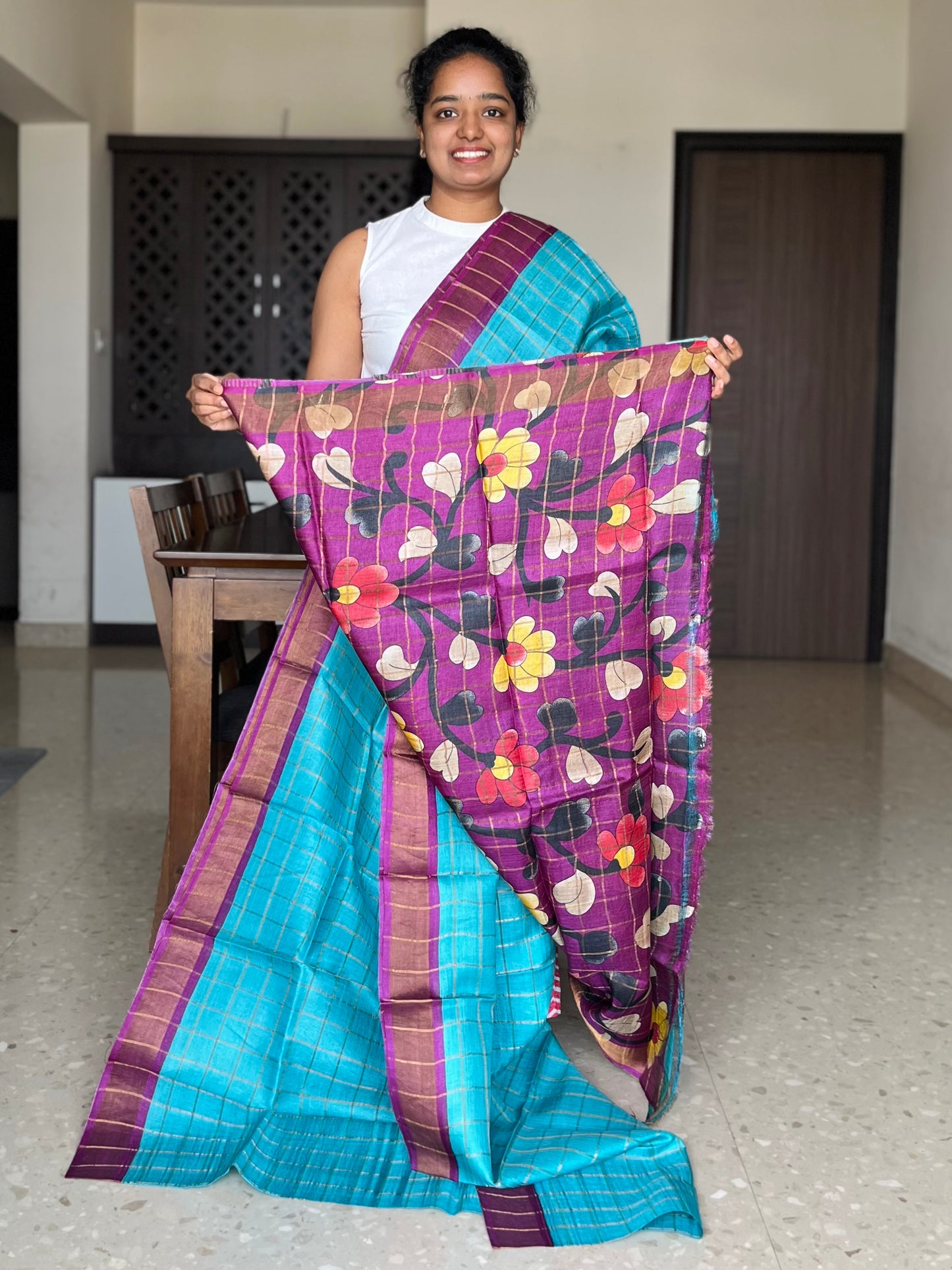 Blue and Purple Tussar Silk Saree with Prints