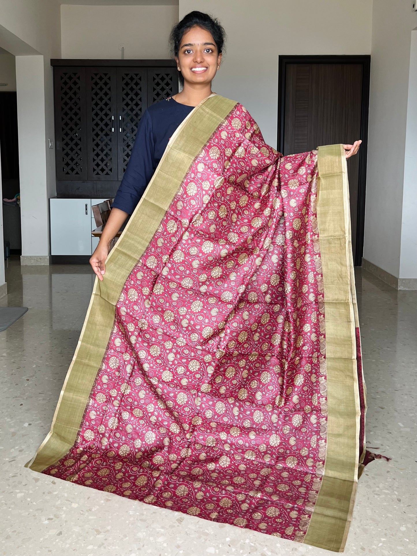 Maroon Tussar Silk Saree with Prints