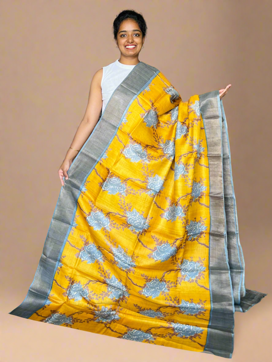 Lime Green and Grey Tussar Silk Saree with Prints