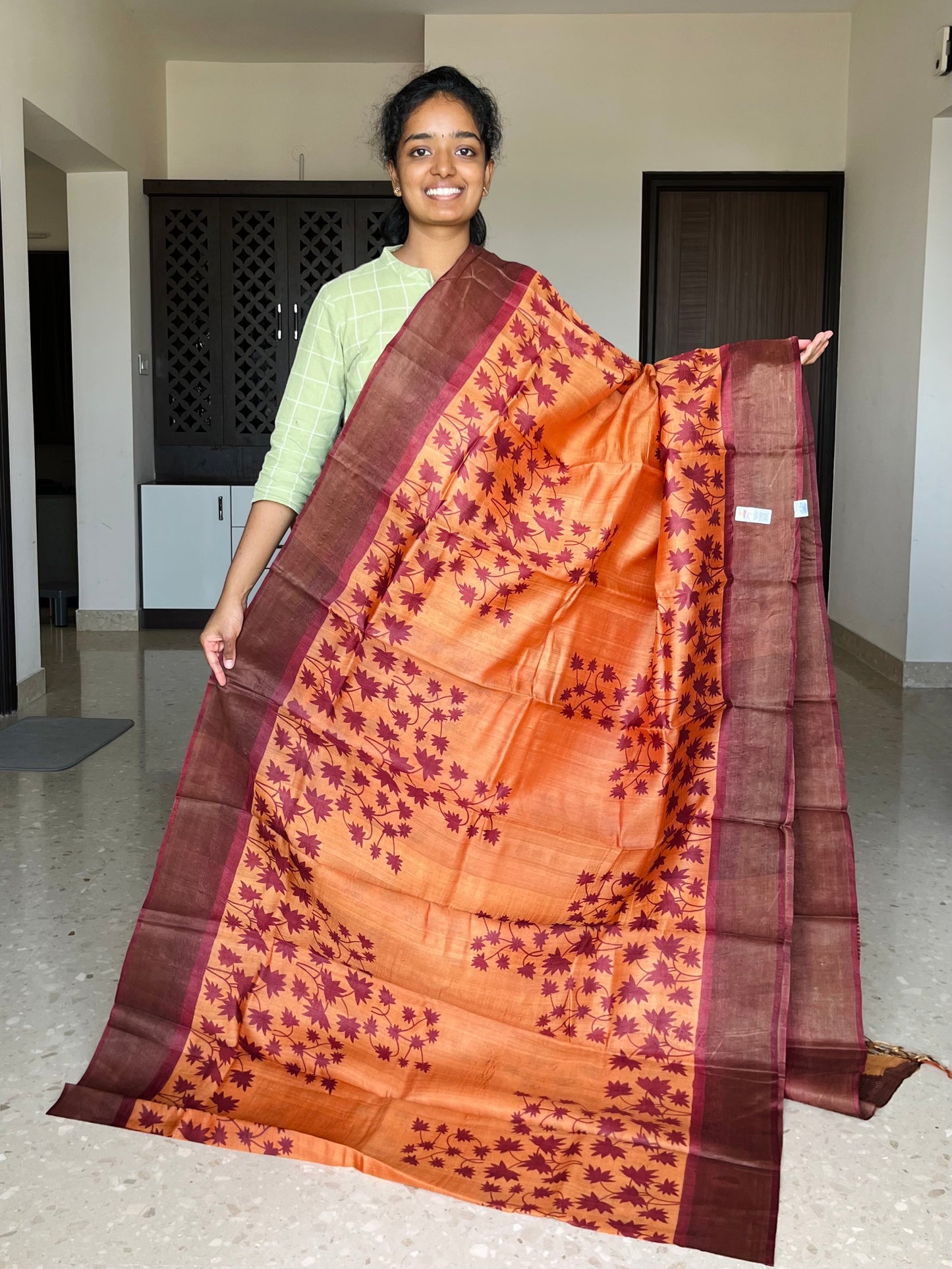 Orange and Maroon Tussar Silk Saree with Prints